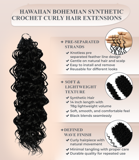 LUXLUXE Hawaiian Synthetic Crochet Hair Extensions – 14" 78g, 18" 100g, 22" 120g  Pre Separated 100 Strands Feather Hairpiece for Curly Protective Styles