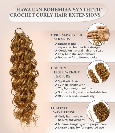 LUXLUXE Hawaiian Synthetic Crochet Hair Extensions – 14" 78g, 18" 100g, 22" 120g  Pre Separated 100 Strands Feather Hairpiece for Curly Protective Styles