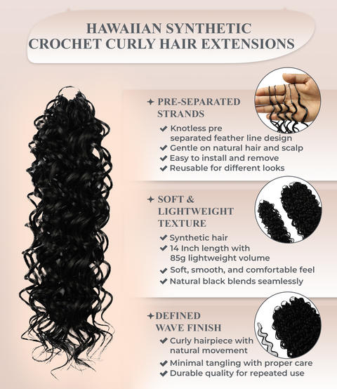 LUXLUXE Hawaiian Synthetic Crochet Hair Extensions – 14" 85g, 18" 110g, 22" 132g  Pre Separated 100 Strands Feather Hairpiece for Curly Protective Styles