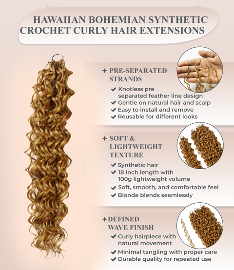 LUXLUXE Hawaiian Synthetic Crochet Hair Extensions – 14" 78g, 18" 100g, 22" 120g  Pre Separated 100 Strands Feather Hairpiece for Curly Protective Styles