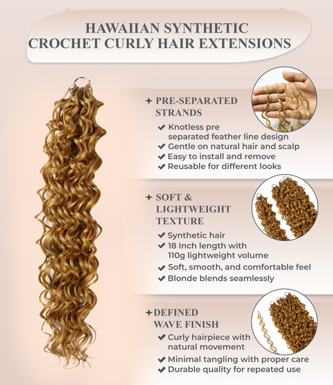 LUXLUXE Hawaiian Synthetic Crochet Hair Extensions – 14" 85g, 18" 110g, 22" 132g  Pre Separated 100 Strands Feather Hairpiece for Curly Protective Styles