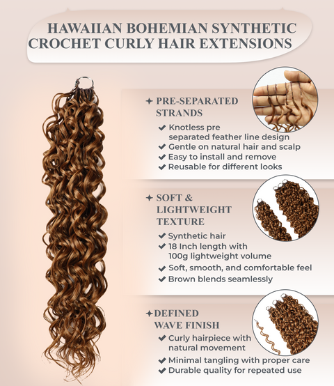 LUXLUXE Hawaiian Synthetic Crochet Hair Extensions – 14" 78g, 18" 100g, 22" 120g  Pre Separated 100 Strands Feather Hairpiece for Curly Protective Styles