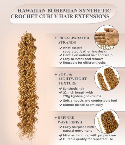 LUXLUXE Hawaiian Synthetic Crochet Hair Extensions – 14" 78g, 18" 100g, 22" 120g  Pre Separated 100 Strands Feather Hairpiece for Curly Protective Styles