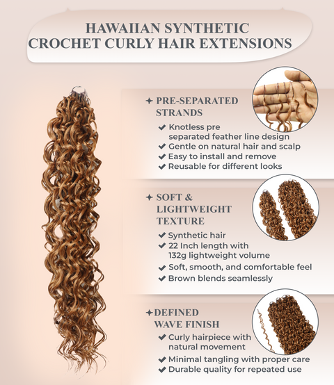 LUXLUXE Hawaiian Synthetic Crochet Hair Extensions – 14" 85g, 18" 110g, 22" 132g  Pre Separated 100 Strands Feather Hairpiece for Curly Protective Styles