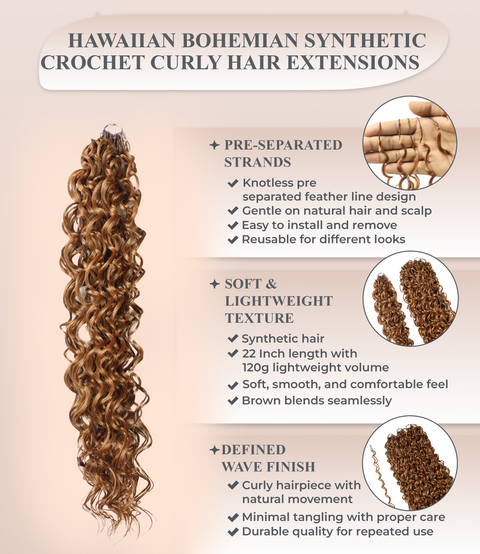 LUXLUXE Hawaiian Synthetic Crochet Hair Extensions – 14" 78g, 18" 100g, 22" 120g  Pre Separated 100 Strands Feather Hairpiece for Curly Protective Styles
