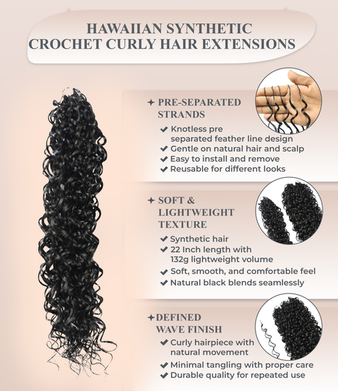 LUXLUXE Hawaiian Synthetic Crochet Hair Extensions – 14" 85g, 18" 110g, 22" 132g  Pre Separated 100 Strands Feather Hairpiece for Curly Protective Styles