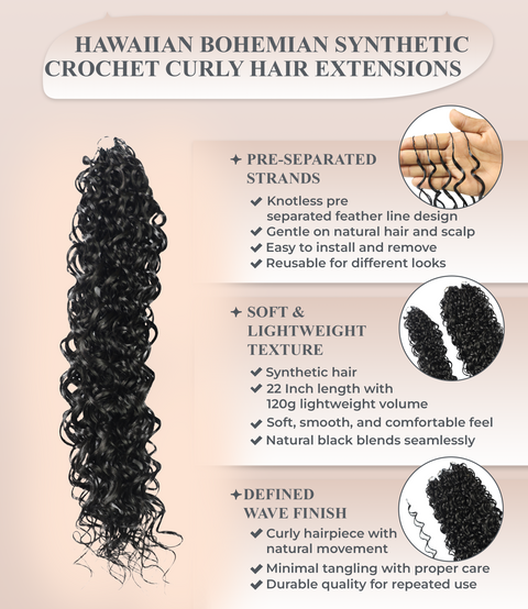 LUXLUXE Hawaiian Synthetic Crochet Hair Extensions – 14" 78g, 18" 100g, 22" 120g  Pre Separated 100 Strands Feather Hairpiece for Curly Protective Styles