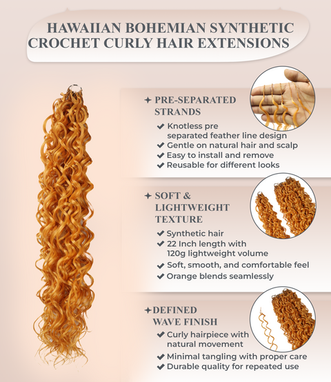 LUXLUXE Hawaiian Synthetic Crochet Hair Extensions – 14" 78g, 18" 100g, 22" 120g  Pre Separated 100 Strands Feather Hairpiece for Curly Protective Styles
