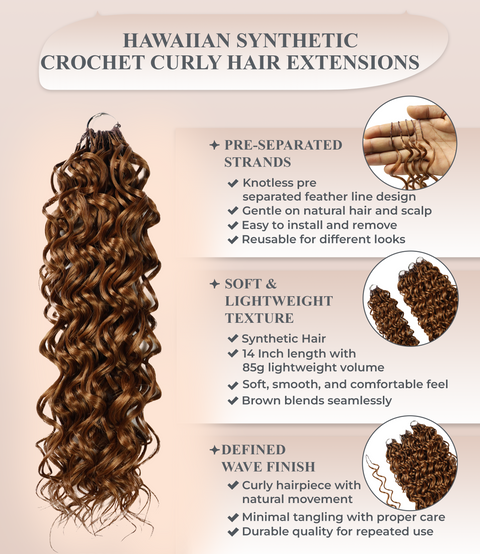 LUXLUXE Hawaiian Synthetic Crochet Hair Extensions – 14" 85g, 18" 110g, 22" 132g  Pre Separated 100 Strands Feather Hairpiece for Curly Protective Styles