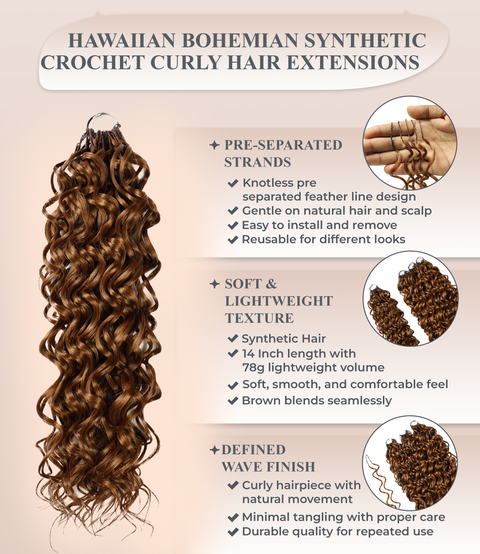 LUXLUXE Hawaiian Synthetic Crochet Hair Extensions – 14" 78g, 18" 100g, 22" 120g  Pre Separated 100 Strands Feather Hairpiece for Curly Protective Styles