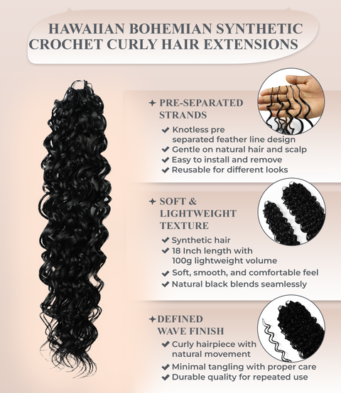 LUXLUXE Hawaiian Synthetic Crochet Hair Extensions – 14" 78g, 18" 100g, 22" 120g  Pre Separated 100 Strands Feather Hairpiece for Curly Protective Styles