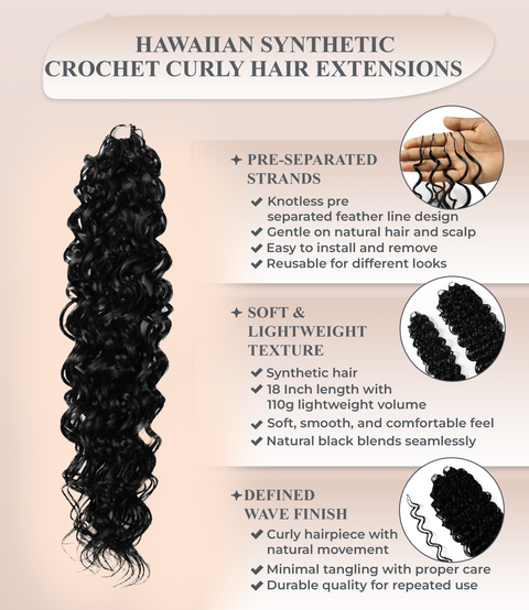 LUXLUXE Hawaiian Synthetic Crochet Hair Extensions – 14" 85g, 18" 110g, 22" 132g  Pre Separated 100 Strands Feather Hairpiece for Curly Protective Styles