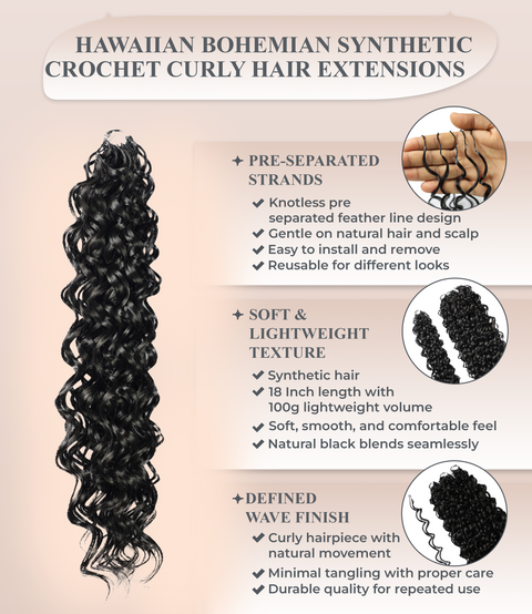 LUXLUXE Hawaiian Synthetic Crochet Hair Extensions – 14" 78g, 18" 100g, 22" 120g  Pre Separated 100 Strands Feather Hairpiece for Curly Protective Styles