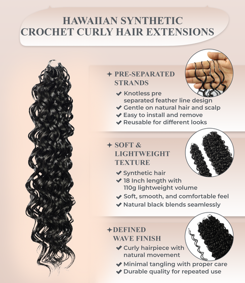 LUXLUXE Hawaiian Synthetic Crochet Hair Extensions – 14" 85g, 18" 110g, 22" 132g  Pre Separated 100 Strands Feather Hairpiece for Curly Protective Styles