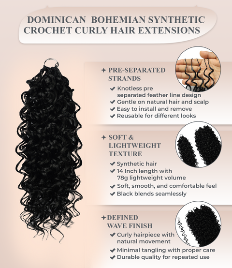 LUXLUXE Dominican Synthetic Crochet Hair Extensions – 14" 78g, 18" 100g, 22" 120g Pre Separated 100 Strands Feather Curly Hairpiece