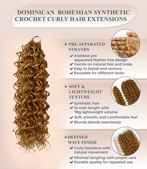 LUXLUXE Dominican Synthetic Crochet Hair Extensions – 14" 78g, 18" 100g, 22" 120g Pre Separated 100 Strands Feather Curly Hairpiece