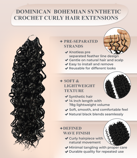 LUXLUXE Dominican Synthetic Crochet Hair Extensions – 14" 78g, 18" 100g, 22" 120g Pre Separated 100 Strands Feather Curly Hairpiece