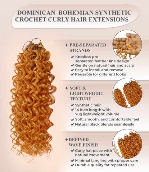 LUXLUXE Dominican Synthetic Crochet Hair Extensions – 14" 78g, 18" 100g, 22" 120g Pre Separated 100 Strands Feather Curly Hairpiece