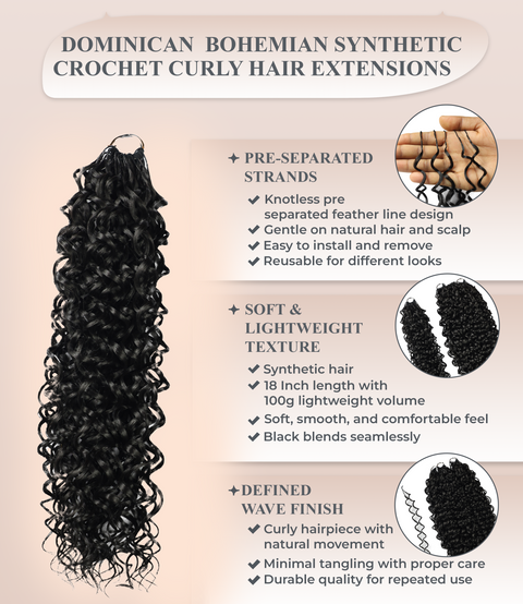 LUXLUXE Dominican Synthetic Crochet Hair Extensions – 14" 78g, 18" 100g, 22" 120g Pre Separated 100 Strands Feather Curly Hairpiece
