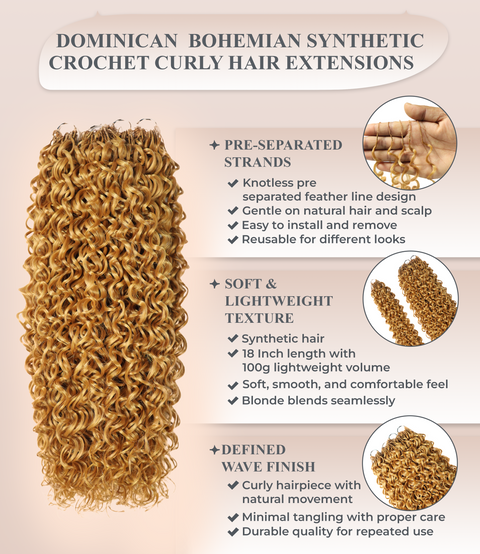 LUXLUXE Dominican Synthetic Crochet Hair Extensions – 14" 78g, 18" 100g, 22" 120g Pre Separated 100 Strands Feather Curly Hairpiece