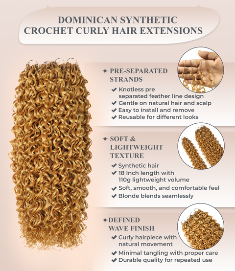 LUXLUXE Dominican Synthetic Crochet Hair Extensions – 14" 85g, 18" 110g, 22" 132g Pre Separated 100 Strands Feather Curly Hairpiece