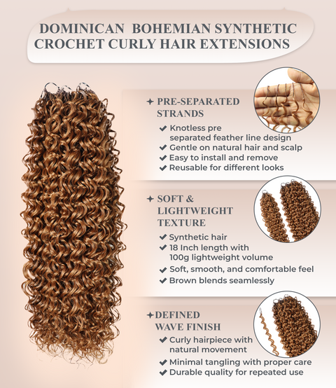 LUXLUXE Dominican Synthetic Crochet Hair Extensions – 14" 78g, 18" 100g, 22" 120g Pre Separated 100 Strands Feather Curly Hairpiece