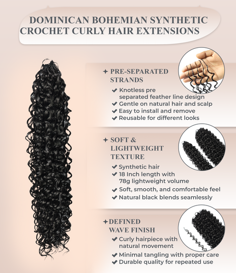 LUXLUXE Dominican Synthetic Crochet Hair Extensions – 14" 78g, 18" 100g, 22" 120g Pre Separated 100 Strands Feather Curly Hairpiece