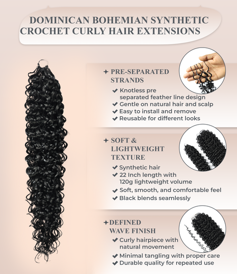 LUXLUXE Dominican Synthetic Crochet Hair Extensions – 14" 78g, 18" 100g, 22" 120g Pre Separated 100 Strands Feather Curly Hairpiece