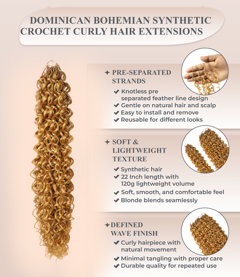 LUXLUXE Dominican Synthetic Crochet Hair Extensions – 14" 78g, 18" 100g, 22" 120g Pre Separated 100 Strands Feather Curly Hairpiece