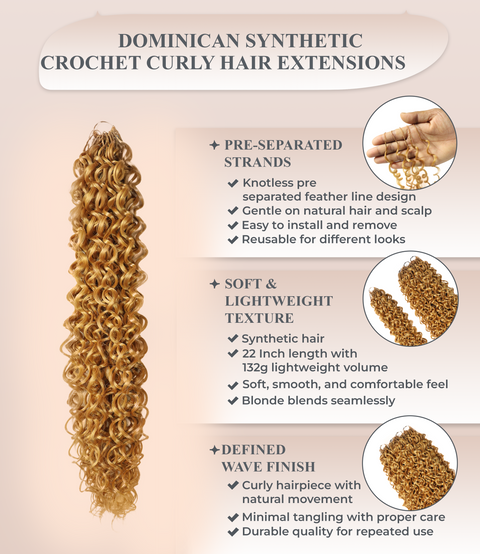 LUXLUXE Dominican Synthetic Crochet Hair Extensions – 14" 85g, 18" 110g, 22" 132g Pre Separated 100 Strands Feather Curly Hairpiece