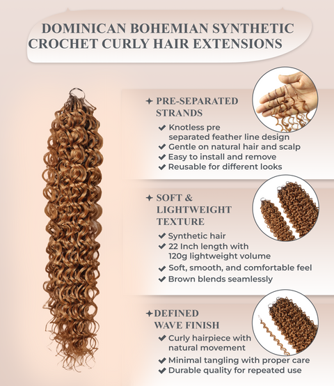 LUXLUXE Dominican Synthetic Crochet Hair Extensions – 14" 78g, 18" 100g, 22" 120g Pre Separated 100 Strands Feather Curly Hairpiece