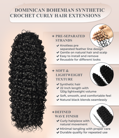 LUXLUXE Dominican Synthetic Crochet Hair Extensions – 14" 78g, 18" 100g, 22" 120g Pre Separated 100 Strands Feather Curly Hairpiece