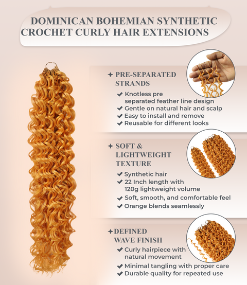LUXLUXE Dominican Synthetic Crochet Hair Extensions – 14" 78g, 18" 100g, 22" 120g Pre Separated 100 Strands Feather Curly Hairpiece