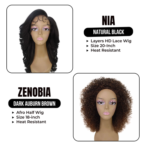 Best Combo! Zenobia, 18-inch Mixed Hair Afro Half Wig and Nia, 20-inch Synthetic Salon-cut Layers HD Lace Wig