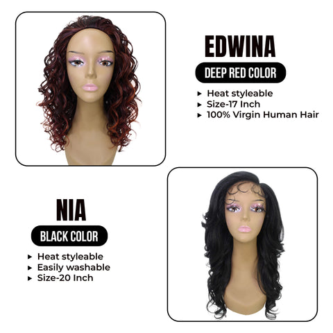 Must have Combo for stylish you: Edwina, 17-inch Curly Layered Mix Half Wig ||Nia,20-inch Synthetic Salon-cut Layers HD Lace Wig