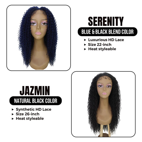 Bundle deal ! Serenity, 22-inch Synthetic Ringlet 4x4 HD Lace Wig and Jazmin, 26-inch Synthetic Long Curls 5x5 HD Lace Wig