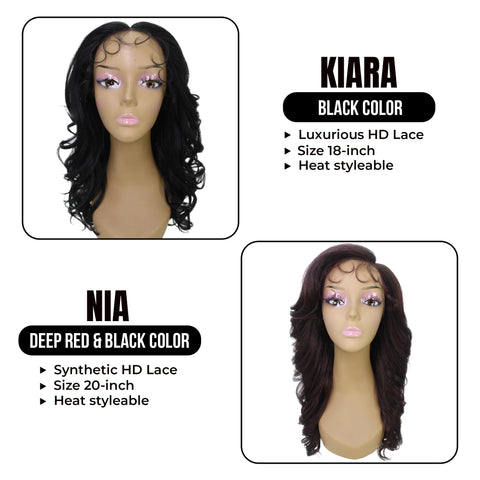 HD Lace Glam Bundle: Kiara 18-Inch Synthetic Middle-parted Wavy Wig & Nia 20-Inch Synthetic Salon-cut Layers Wig - Elevate Your Style with This Bundle Deal!