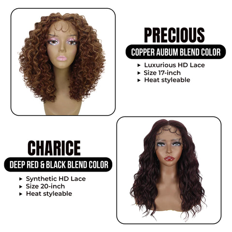 Stylish Duo Bundle: Precious 17-Inch Synthetic Trendy Afro HD Lace Wig & Charice 20-Inch Mid-part HD Lace Front Wig with Baby Hair - Elevate Your Look with This Amazing Bundle Deal!