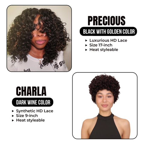 Bundle Deal: Precious 17-Inch Synthetic Trendy Afro HD Lace Wig & Charla, 9-Inch HD Curly Hair Full Wig - Grab Both for a Stunning Look!