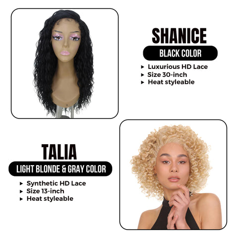 Double Delight ! Shanice, 30-inch Synthetic Long Beach Wavy HD Lace Wig and Talia, HD Lace Front Edgy Rounded Ringlet Afro Wig