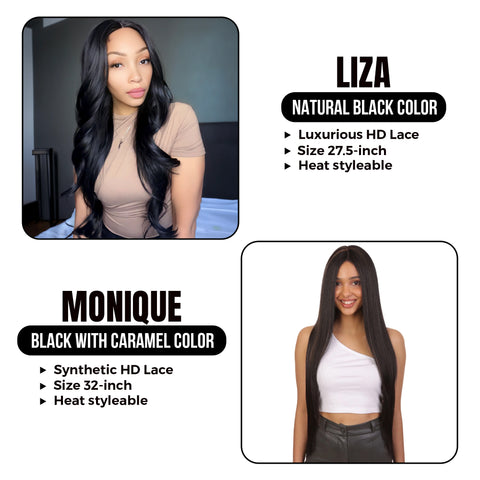 Straight & Stunning combo: Liza:27.5" Mid-part HD Lace Front Wavy Wig with Baby Hair|| Monique:32-Inch Long 360 Degree HD Lace Front Wig
