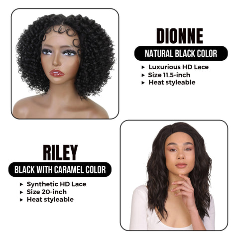Perfect Pair for style:Dionne, 11.5 in T Part Lace Front wig and Riley, 20-inch Wavy 5" Swiss Lace Front Wig