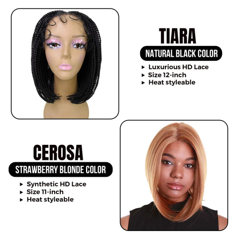 Double Glam: Tiara:12-inch Braided Long Bob HD Lace Wig||  Cerosa: 11-inch Long Bob Synthetic HD Lace Wig