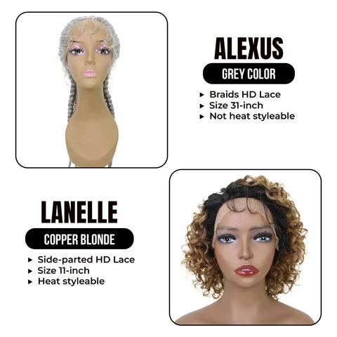 Double Elegance :  Alexus: 31-inch Hand-styled Braids HD Lace Wig and Lanelle: 11-inch Human Hair Side-parted HD Lace Wig