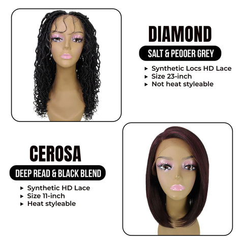 Twin Treasures! Diamond, 23-inch Synthetic Locs HD Lace Wig || Cerosa, 11-inch Long Bob Synthetic HD Lace Wig