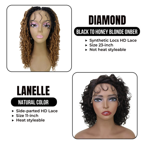 Perfect partner : Diamond, 23-inch Synthetic Locs HD Lace Wig ||Lanelle,11-inch Human Hair Side-parted HD Lace Wig