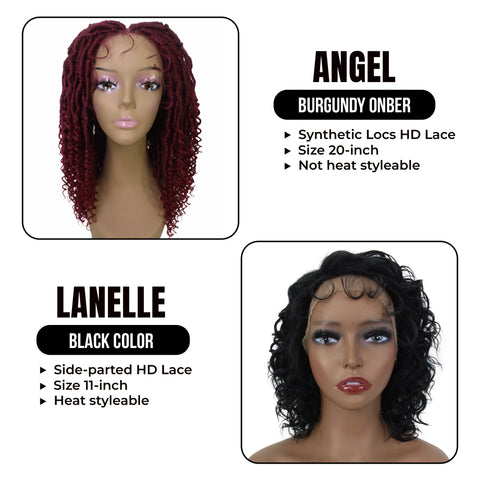 Double Delight: Angel, 20-inch Short Locs Twists HD Lace Wig || Lanelle, 11-inch Human Hair Side-parted HD Lace Wig