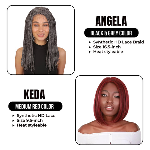 Explore Double Elegance: Angela: 16.5" HD Lace Front Braided Wig || Keda: 9.5-inch Classic Bob Synthetic HD Lace Wig