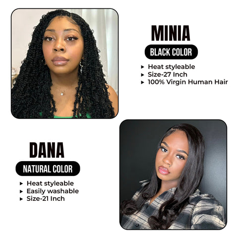 Braided and straight hair Combo: Minia, 27" HD Lace Front Braided Wig || Dana , 21" 100% Human Hair Lace Front Wig