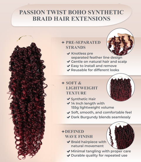 LUXLUXE Passion Twist Boho Synthetic Hair Extensions - 14 Inch Braided 115g Hairpiece for Women
